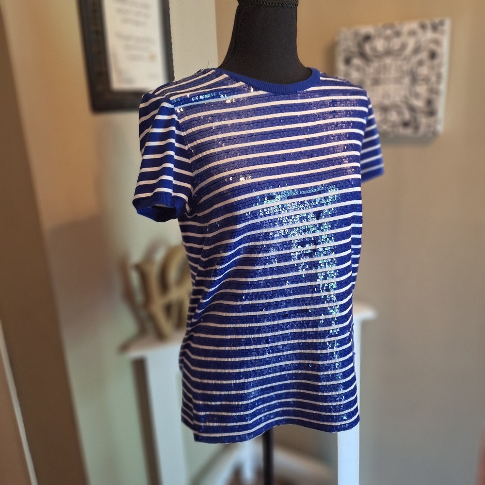 Ralph Lauren Sequined Blue and White Striped Short Sleeve Tee Sz Small